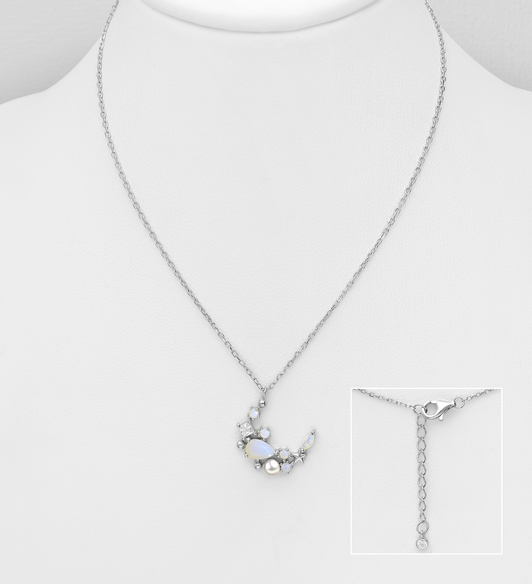 Wholesale 925 Sterling Silver Moon Necklace, Decorated with Simulated Pearl and CZ Simulated Diamonds - SKU #964-1108A