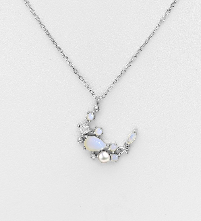 Wholesale 925 Sterling Silver Moon Necklace, Decorated with Simulated Pearl and CZ Simulated Diamonds - SKU #964-1108A