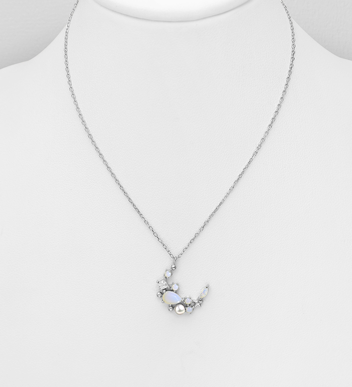 Wholesale 925 Sterling Silver Moon Necklace, Decorated with Simulated Pearl and CZ Simulated Diamonds - SKU #964-1108A