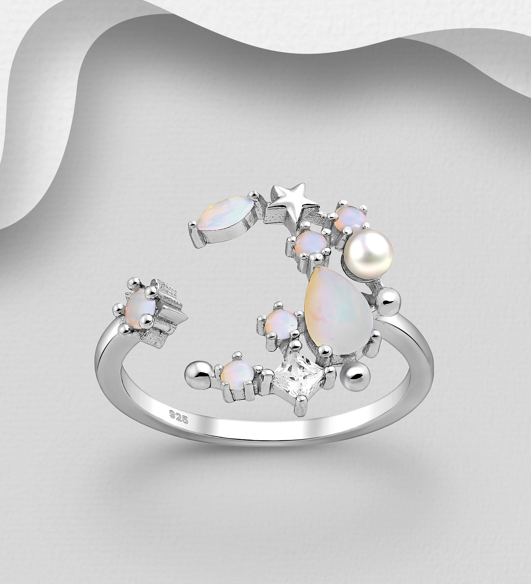 Wholesale 925 Sterling Silver Moon and Star Ring, Decorated with Simulated Pearl and CZ Simulated Diamonds - SKU #964-1107A
