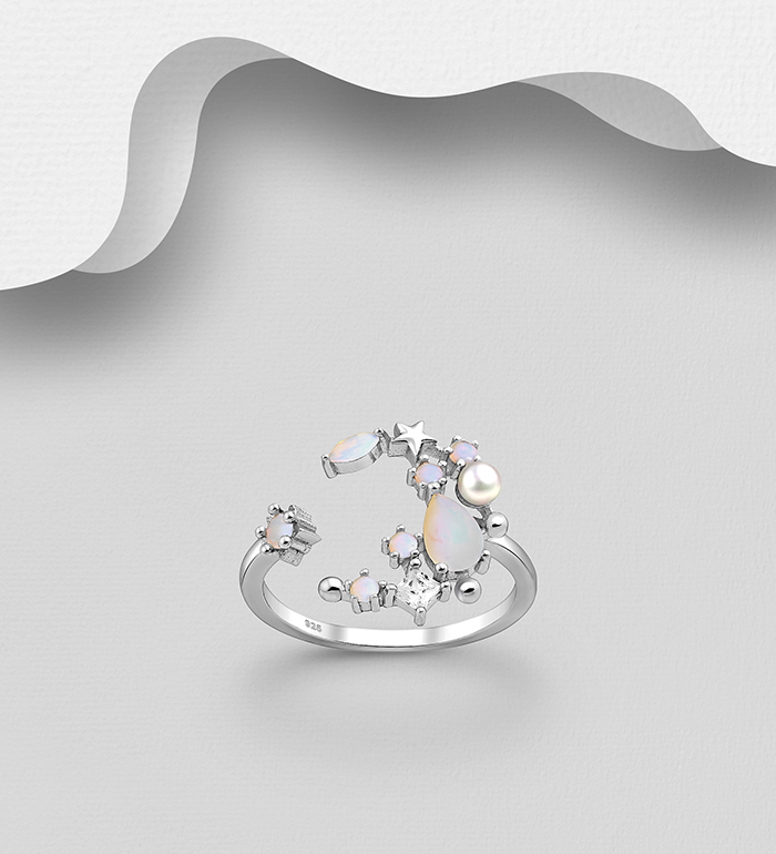 Wholesale 925 Sterling Silver Moon and Star Ring, Decorated with Simulated Pearl and CZ Simulated Diamonds - SKU #964-1107A