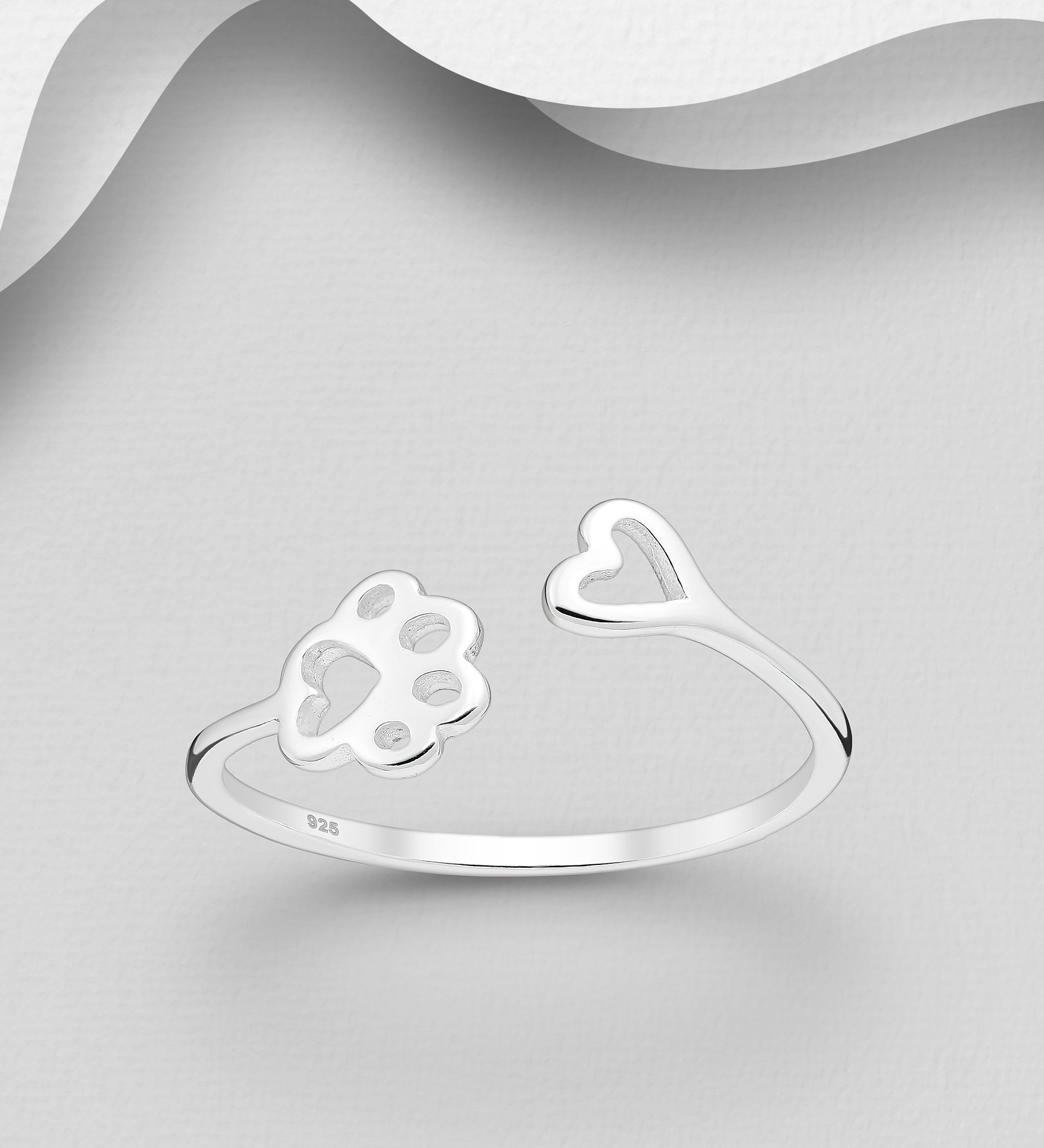 Wholesale 925 Sterling Silver Adjustable Paw and Heart Ring - SKU #1063-3246