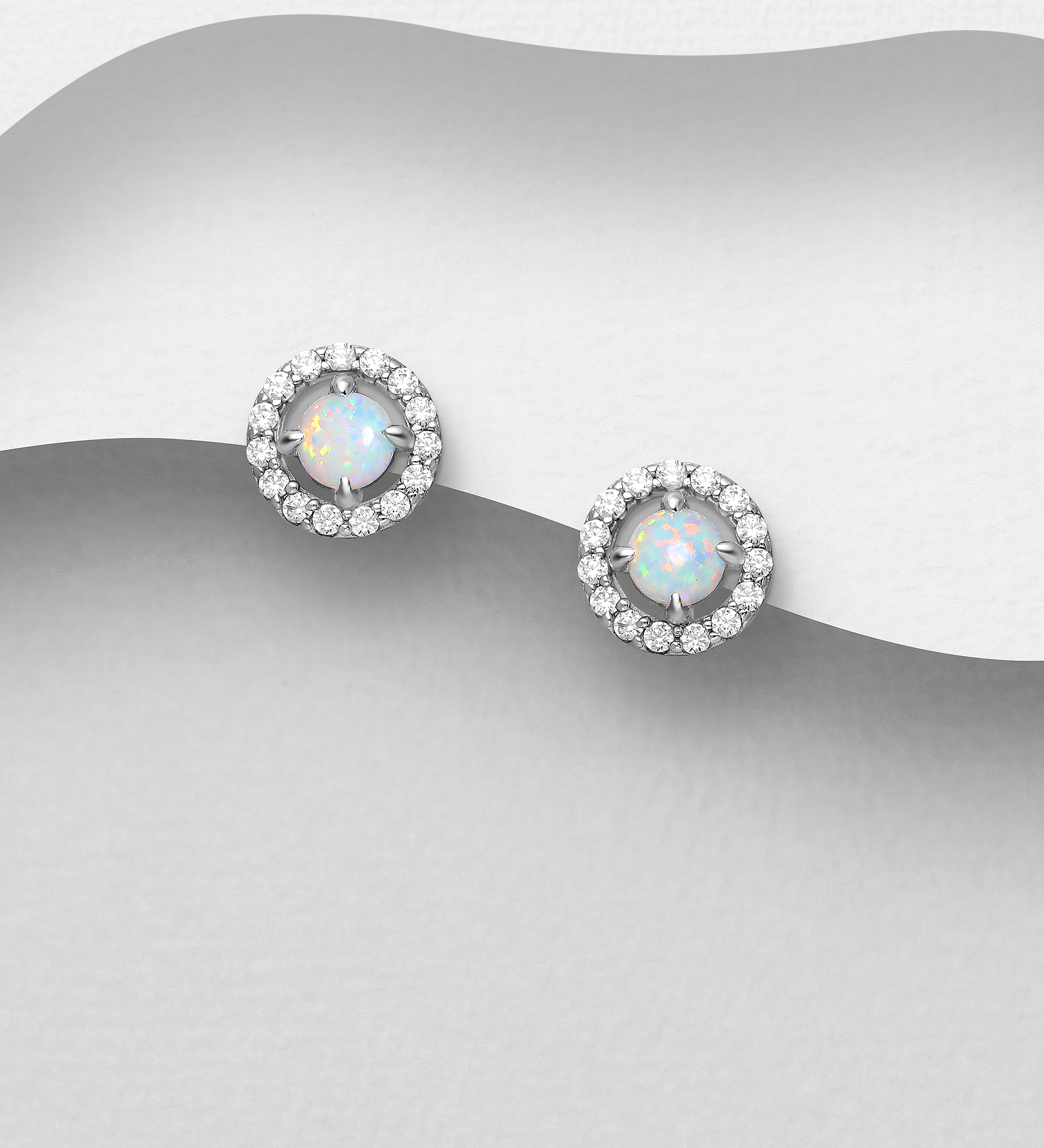 Wholesale 925 Sterling Silver Halo Push-Back Earrings, Decorated with CZ Simulated Diamonds and Lab-Created Opal - SKU #1479-1414