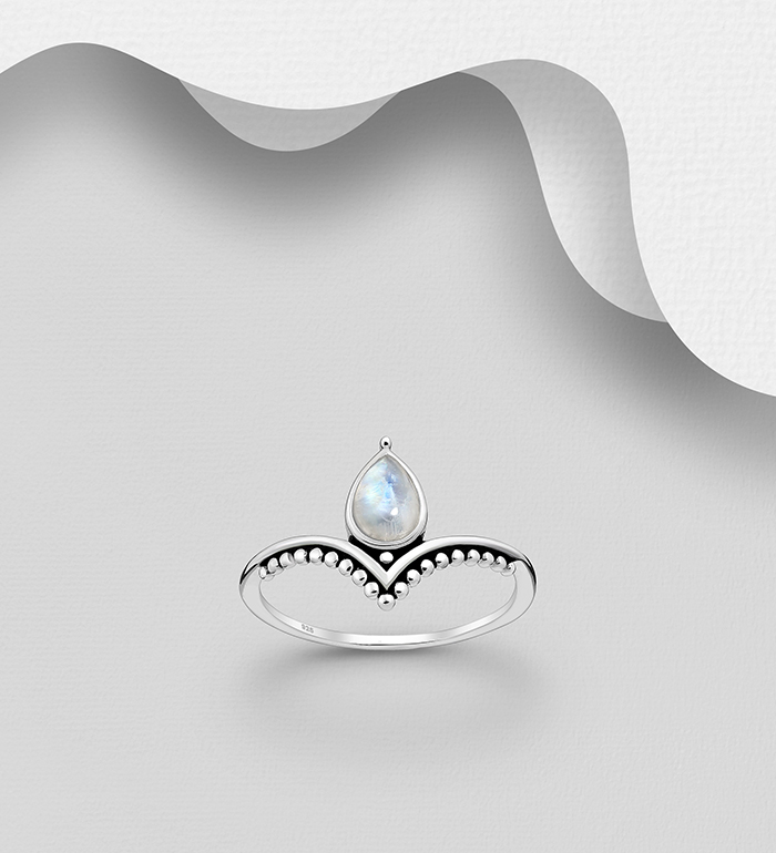 781-6759 - Wholesale 925 Sterling Silver Oxidized Droplet Chevron Ring, Decorated with Rainbow Moonstone