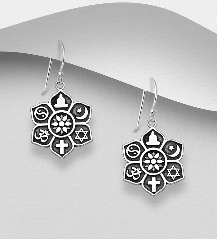 Wholesale 925 Sterling Silver Oxidized Hook Earrings Featuring Various Religious Symbols (Star of David, Cross, Om, Crescent and Star, Buddha Ying-Yang and Lotus) - SKU #706-33790