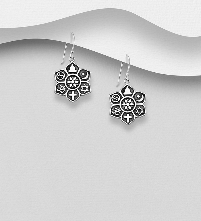 Wholesale 925 Sterling Silver Oxidized Hook Earrings Featuring Various Religious Symbols (Star of David, Cross, Om, Crescent and Star, Buddha Ying-Yang and Lotus) - SKU #706-33790