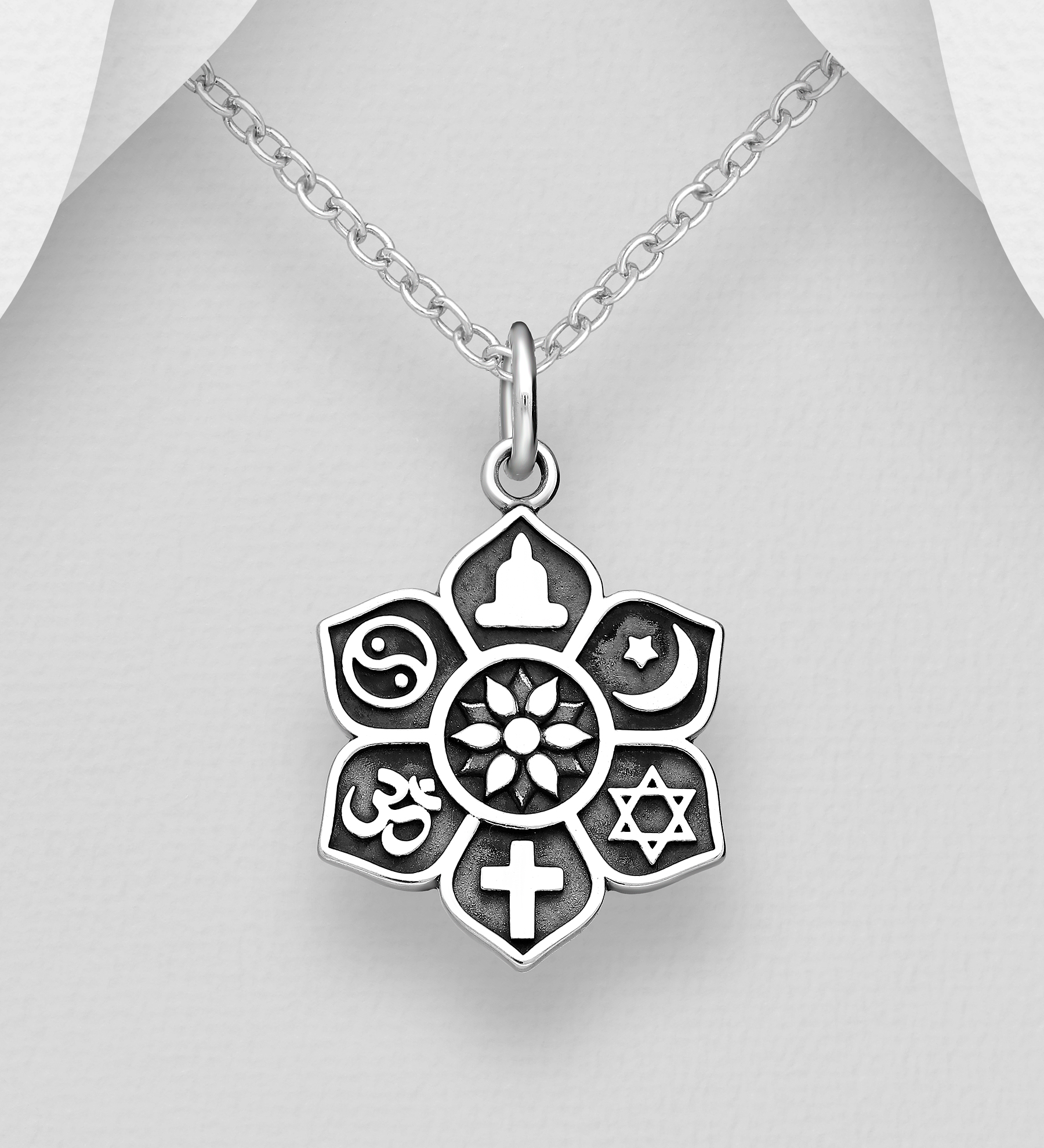 Wholesale 925 Sterling Silver Oxidized Pendant Featuring Various Religious Symbols (Star of David, Cross, Om, Crescent and Star, Buddha Ying-Yang and Lotus) - SKU #706-33791