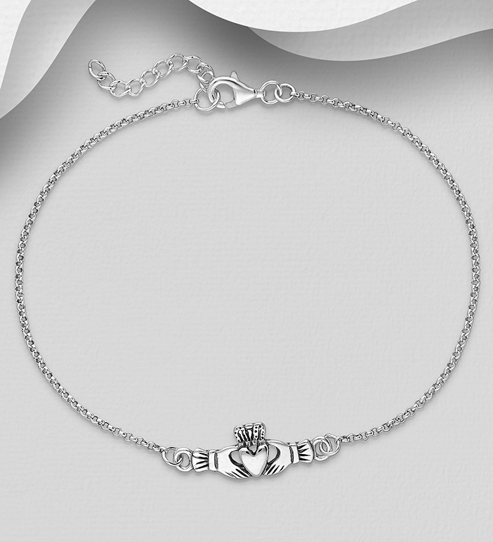 Wholesale 925 Sterling Silver Oxidized Claddagh Anklet - SKU #1562-425