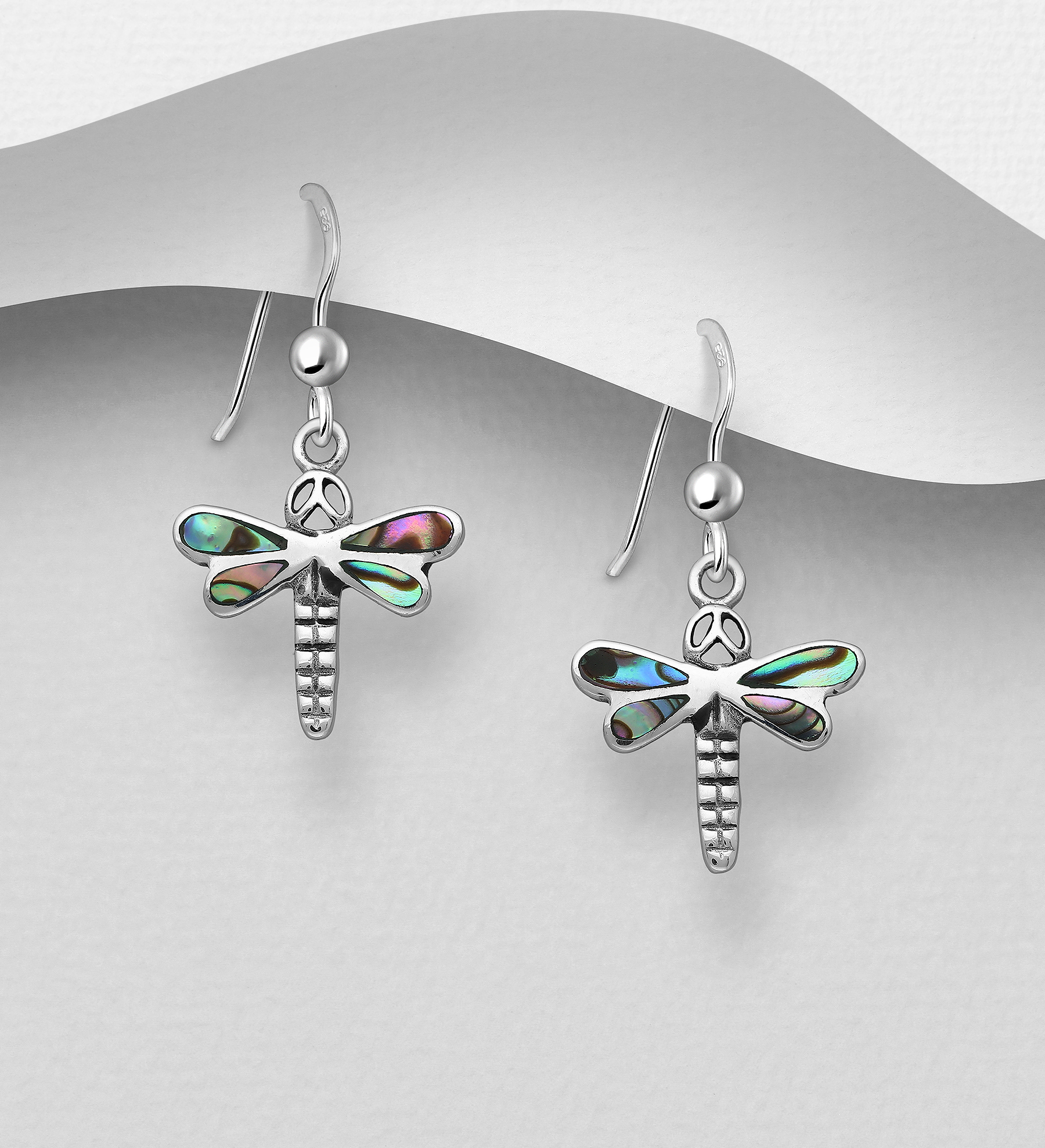 Wholesale 925 Sterling Silver Oxidized Dragonfly Hook Earrings, Decorated with Shell - SKU #789-4117