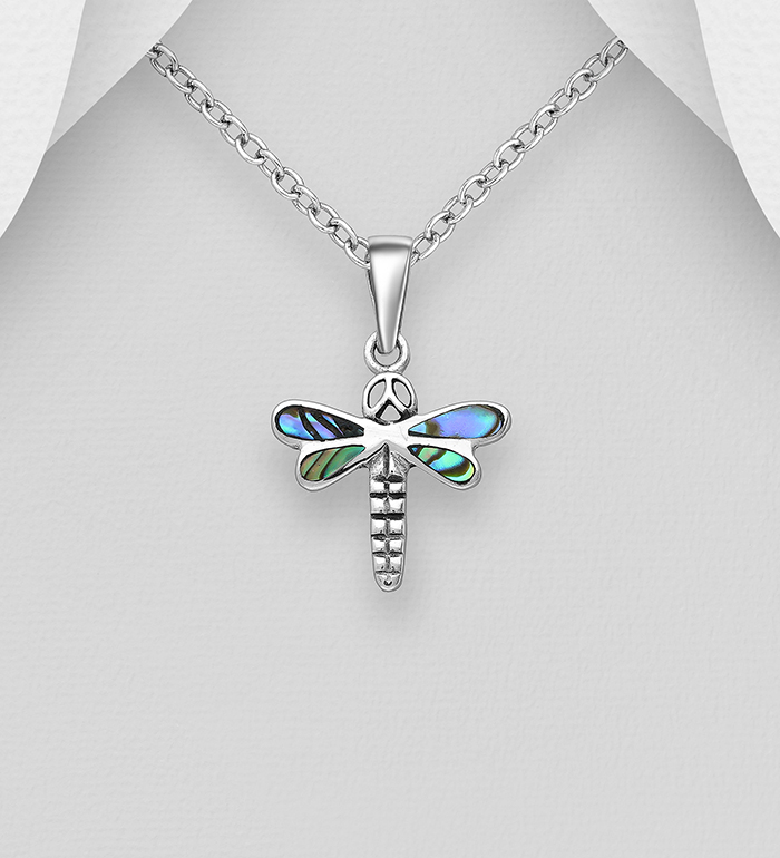 Wholesale 925 Sterling Silver Oxidized Dragonfly Pendant, Decorated with Shell - SKU #789-4118