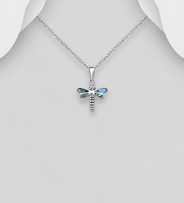 Wholesale 925 Sterling Silver Oxidized Dragonfly Pendant, Decorated with Shell - SKU #789-4118