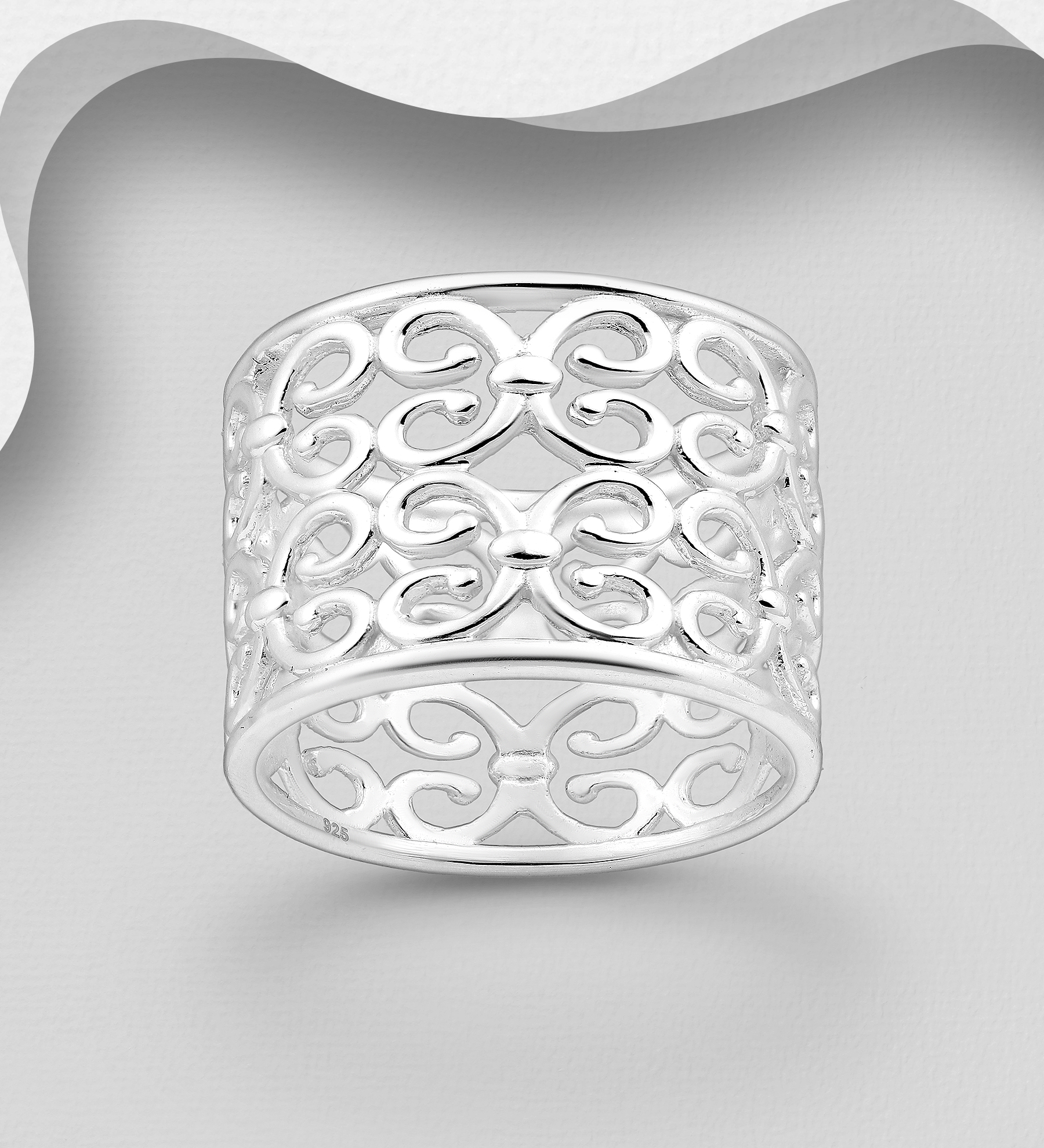 Wholesale 925 Sterling Silver Swirl Band Ring, 15 mm Wide. - SKU #1063-3300
