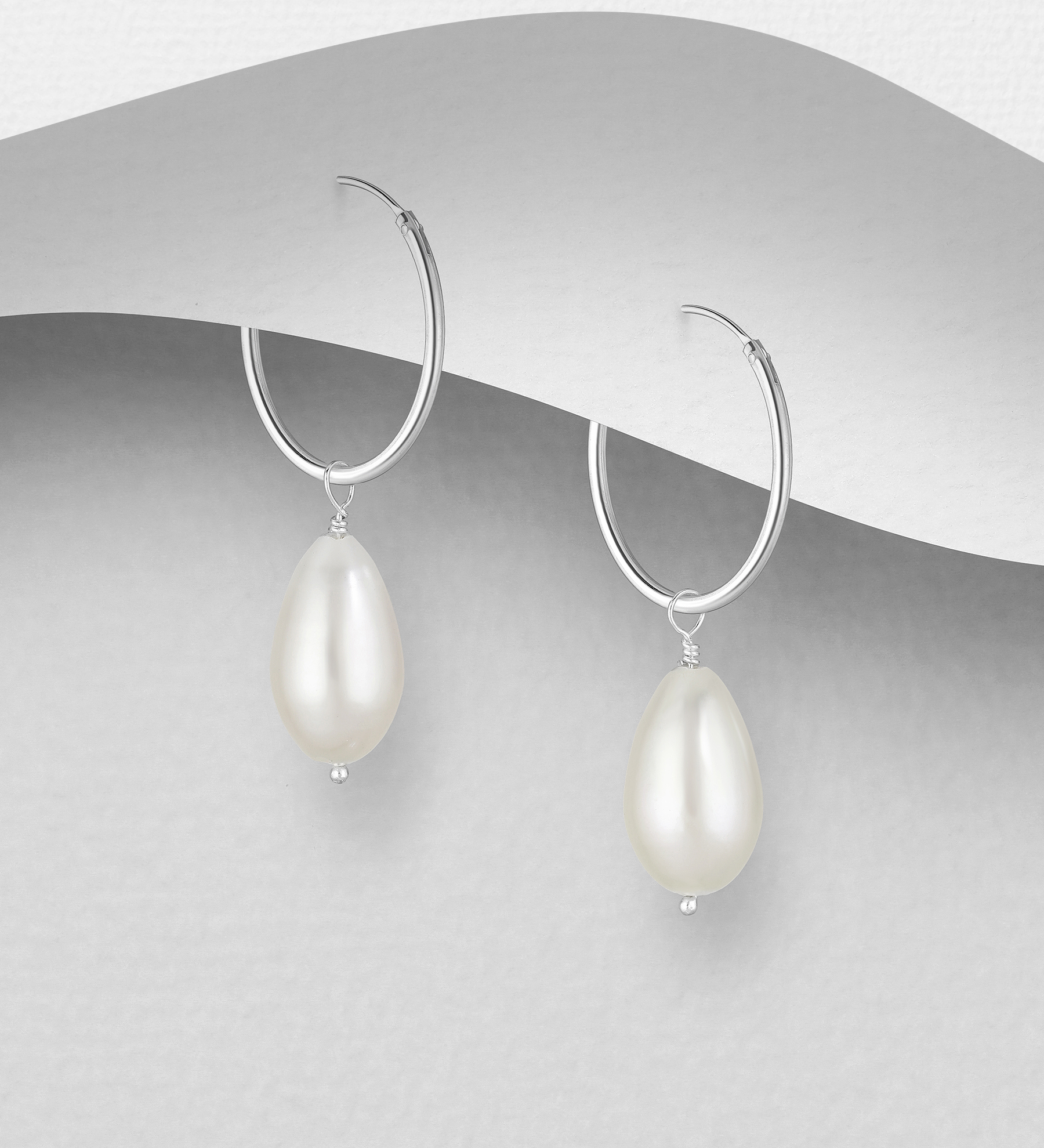 Wholesale 925 Sterling Silver Hoop Earrings, Beaded with Freshwater Pearl, Shape and Size Will Vary. - SKU #382-5775