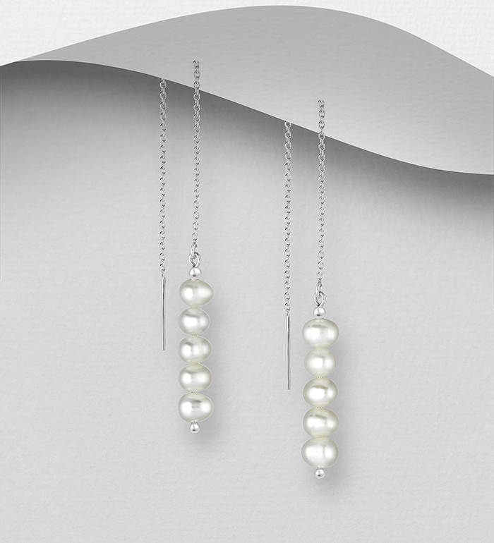 Wholesale 925 Sterling Silver Threader Earrings, Beaded with Freshwater Pearls - SKU #382-5776