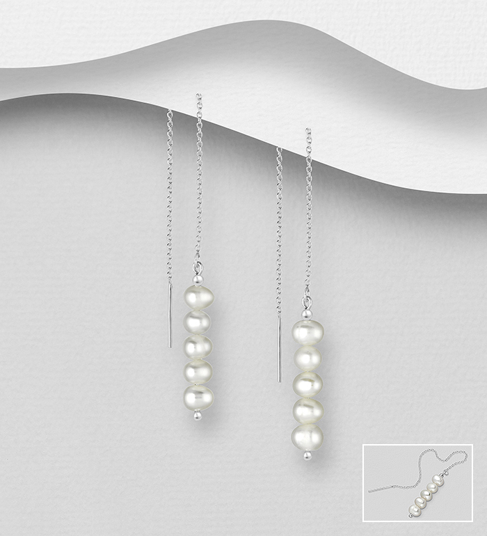 Wholesale 925 Sterling Silver Threader Earrings, Beaded with Freshwater Pearls - SKU #382-5776