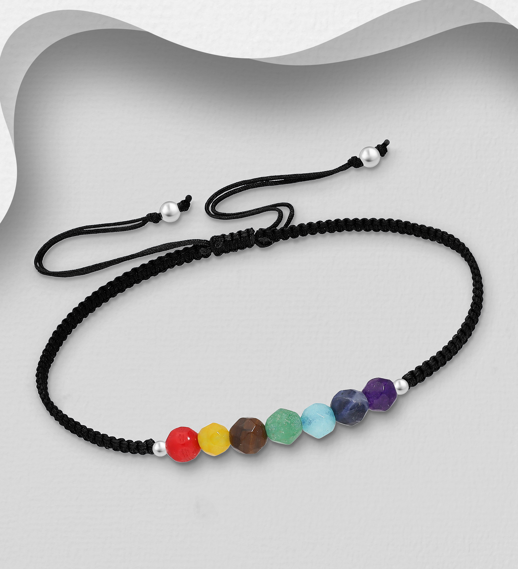 Wholesale 925 Sterling Silver Adjustable Chakra Bracelet, Beaded with Amethyst, Lapis Lazuli, Aquamarine, Green Aventurine, Tiger Eye, Yellow Agate, Coral - SKU #781-6800