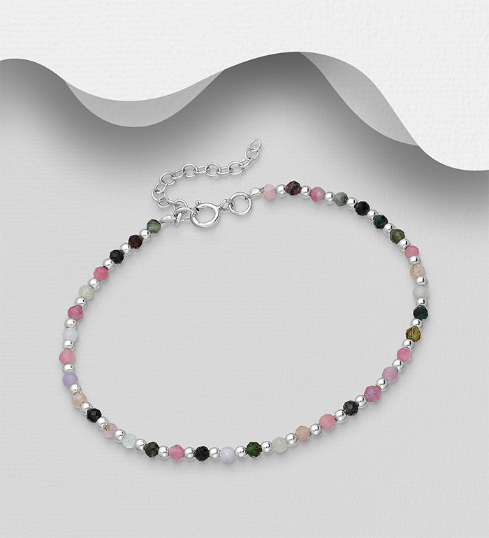 Wholesale 925 Sterling Silver Bracelet, Beaded With Various Gemstone Beads - SKU #781-6820