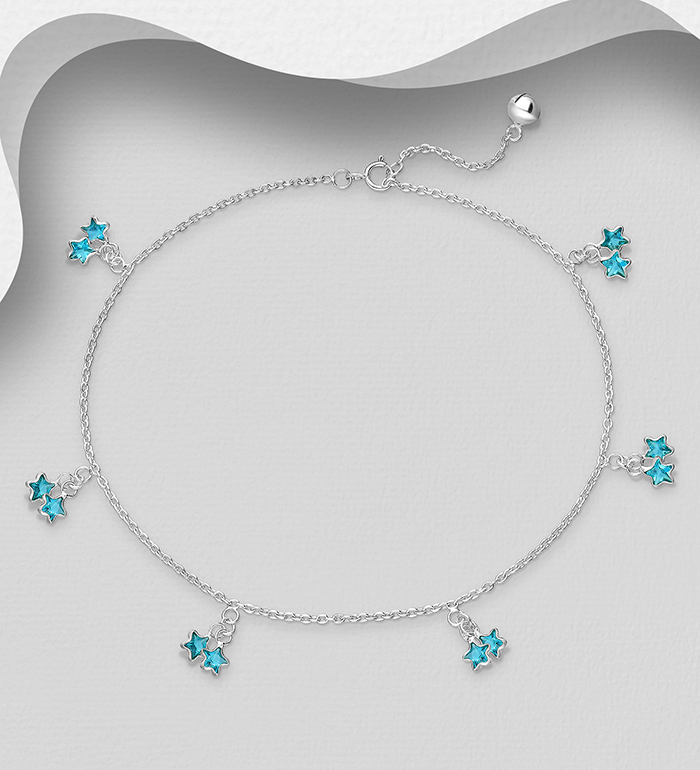 Wholesale 925 Sterling Silver Star Anklet, Decorated with CZ Simulated Diamonds - SKU #1562-429