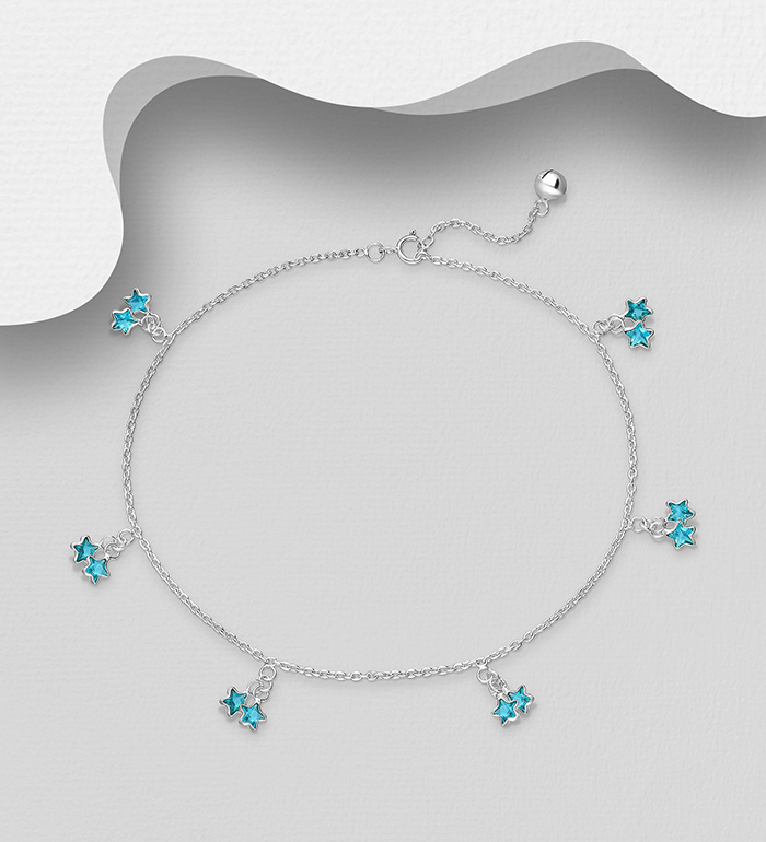 Wholesale 925 Sterling Silver Star Anklet, Decorated with CZ Simulated Diamonds - SKU #1562-429