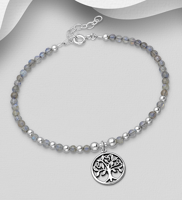 Wholesale 925 Sterling Silver Oxidized
Tree of Life Bracelet, Beaded with Various Gemstone or Reconstructed Stone - SKU #781-6829