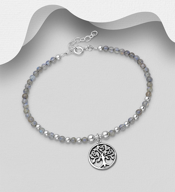 Wholesale 925 Sterling Silver Oxidized
Tree of Life Bracelet, Beaded with Various Gemstone or Reconstructed Stone - SKU #781-6829