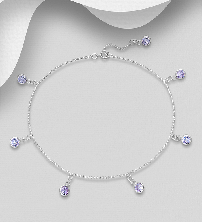 Wholesale 925 Sterling Silver Anklet, Decorated with CZ Simulated Diamonds - SKU #1562-430