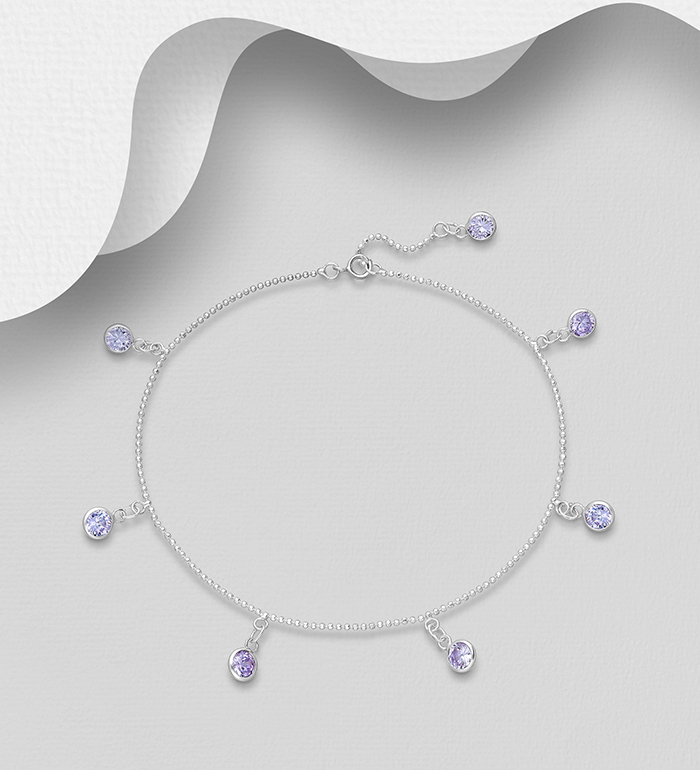 Wholesale 925 Sterling Silver Anklet, Decorated with CZ Simulated Diamonds - SKU #1562-430