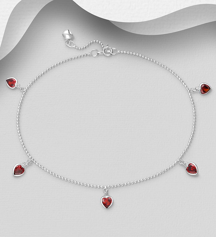 Wholesale 925 Sterling Silver Heart Anklet, Decorated with CZ Simulated Diamonds - SKU #1562-432