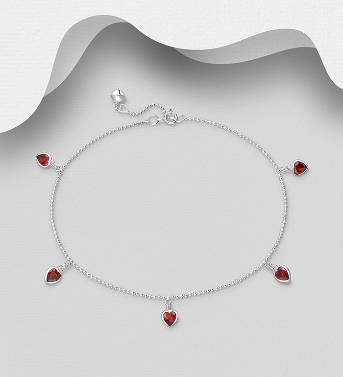 Wholesale 925 Sterling Silver Heart Anklet, Decorated with CZ Simulated Diamonds - SKU #1562-432