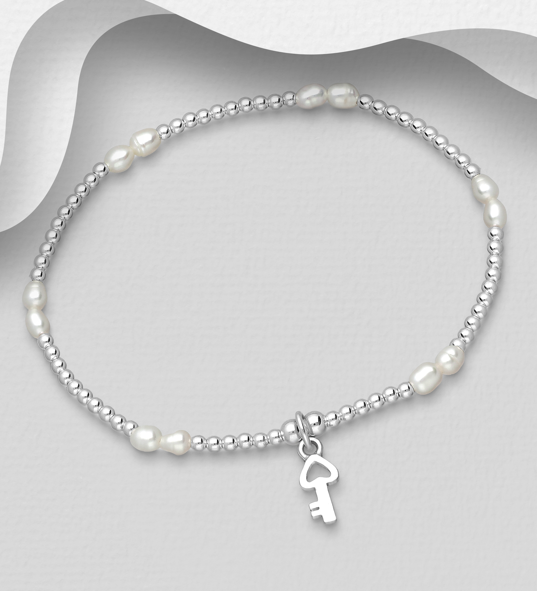 Wholesale 925 Sterling Silver Key Elastic Bracelet, Beaded With Freshwater Pearls - SKU #382-5798