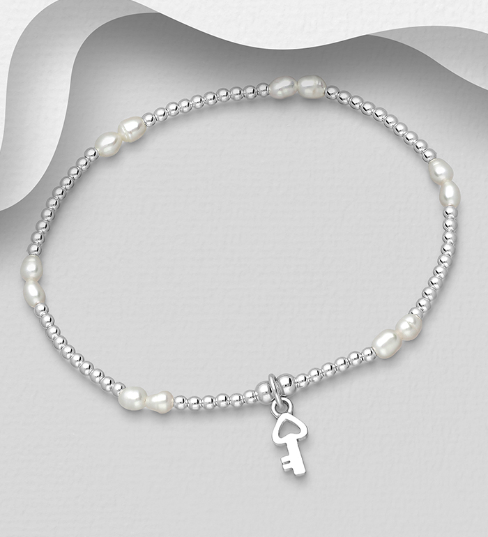 Wholesale 925 Sterling Silver Key Elastic Bracelet, Beaded With Freshwater Pearls - SKU #382-5798