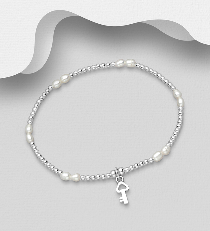 Wholesale 925 Sterling Silver Key Elastic Bracelet, Beaded With Freshwater Pearls - SKU #382-5798