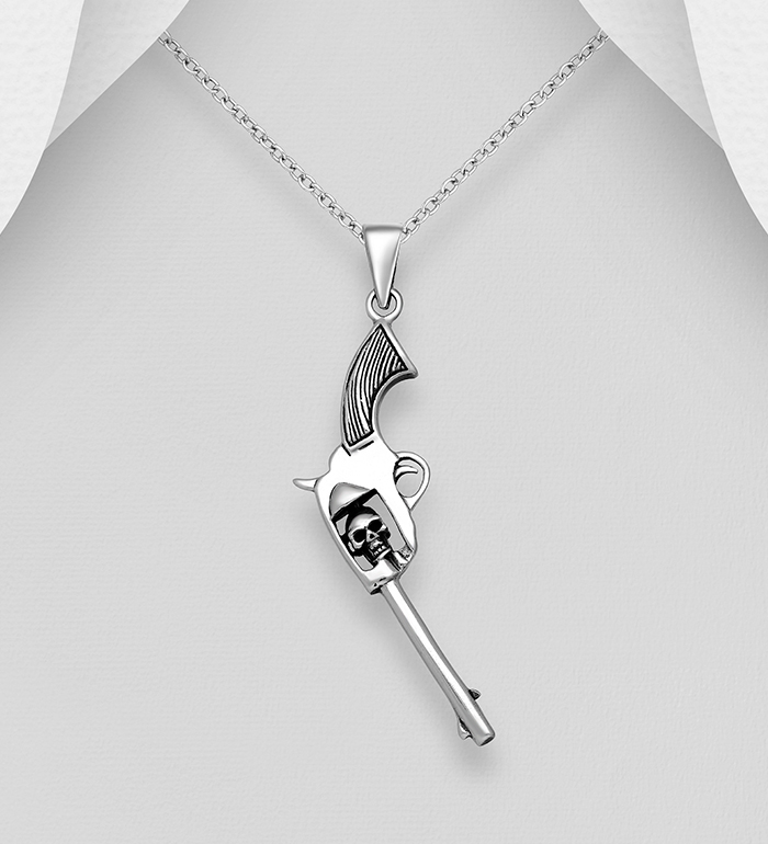 Wholesale 925 Sterling Silver Oxidized Gun Revolver and Skull Pendant - SKU #768-575