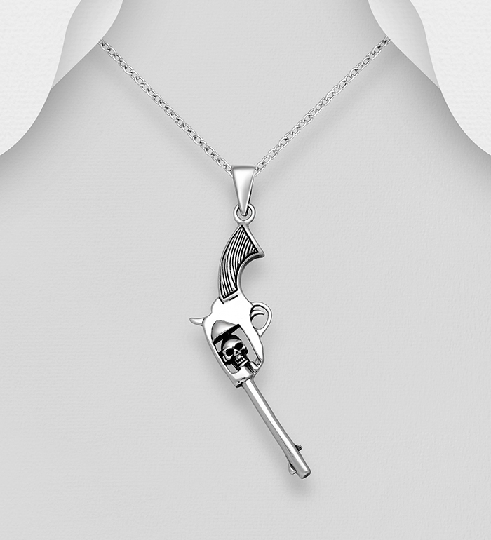Wholesale 925 Sterling Silver Oxidized Gun Revolver and Skull Pendant - SKU #768-575