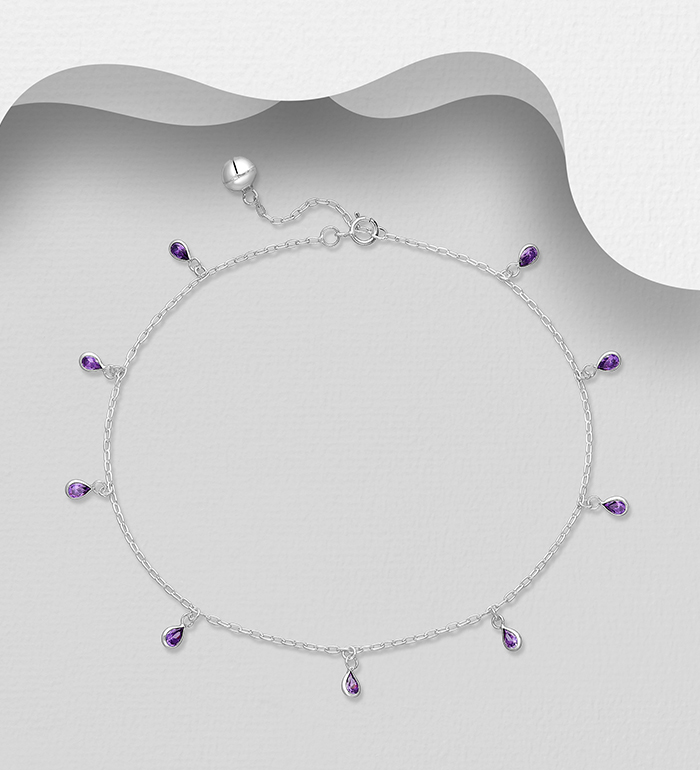 Wholesale 925 Sterling Silver Bell and Drop Anklet, Decorated with Various Color CZ Simulated Diamonds - SKU #1562-444