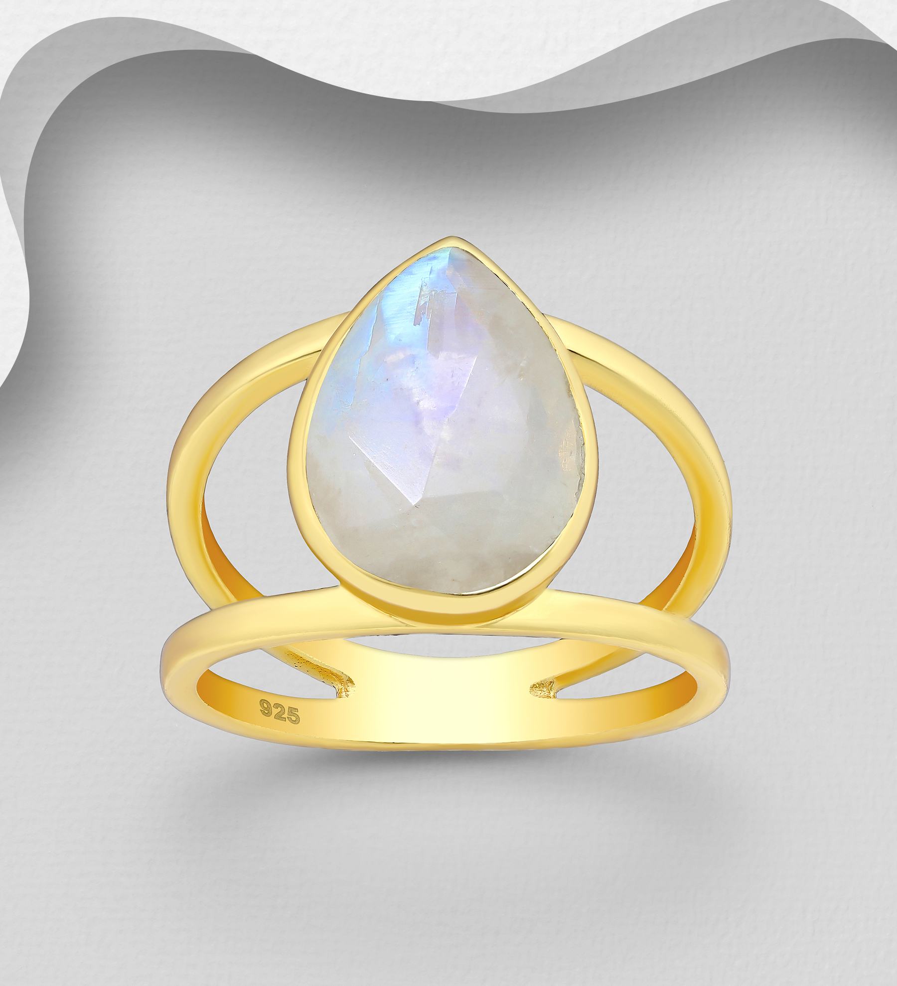 Desire by 7K - Wholesale 925 Sterling Silver Solitaire Ring, Decorated with Droplet Rainbow Moonstone, Plated with 0.3 Micron 18K Yellow Gold - SKU #2070-4A