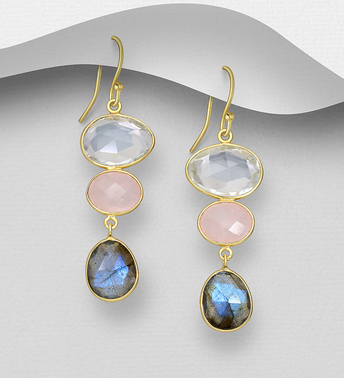 Desire by 7K - Wholesale 925 Sterling Silver Hook Earrings, Decorated with Clear Quartz, Labradorite and Rose Quartz, Plated with 0.3 Micron 18K Yellow Gold - SKU #2070-6E
