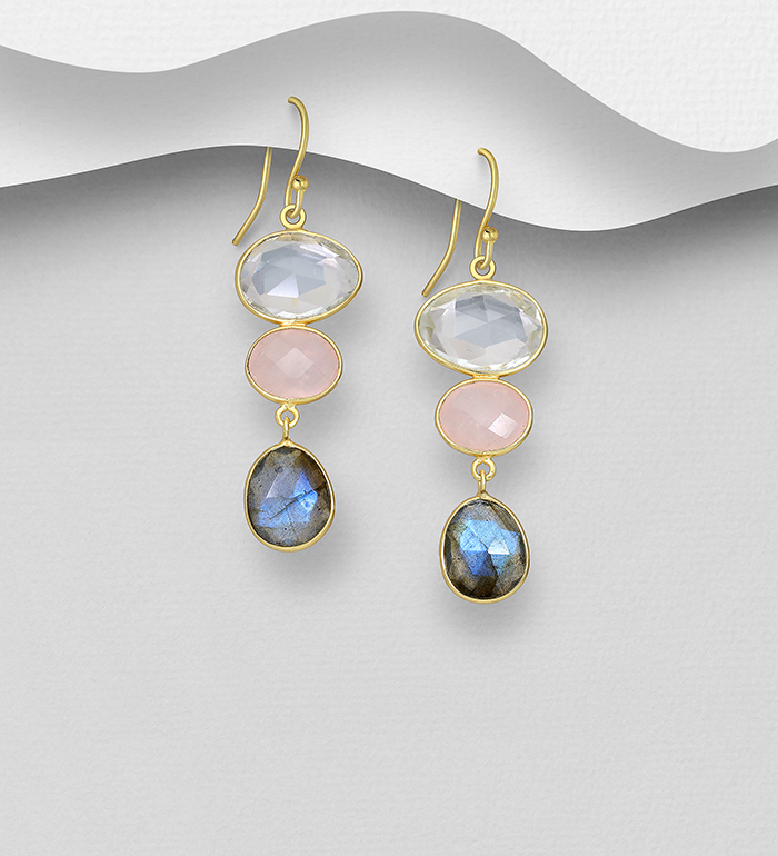 Desire by 7K - Wholesale 925 Sterling Silver Hook Earrings, Decorated with Clear Quartz, Labradorite and Rose Quartz, Plated with 0.3 Micron 18K Yellow Gold - SKU #2070-6E