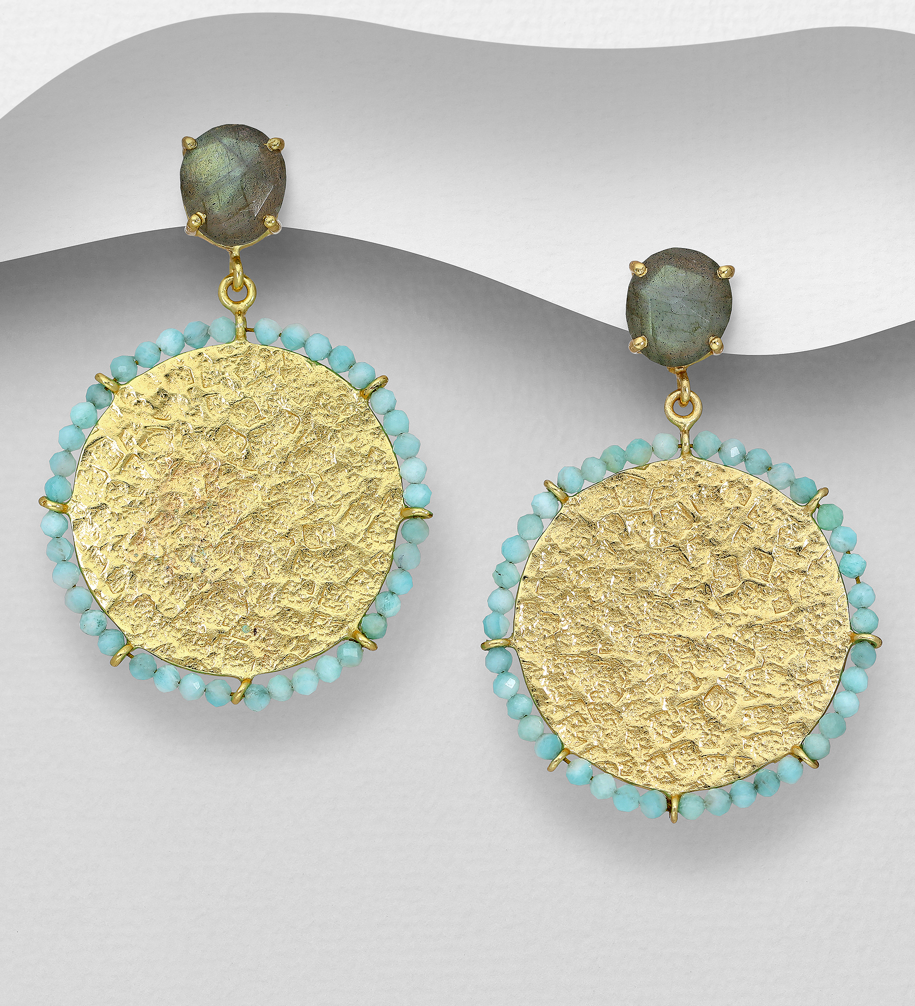 Desire by 7K - Wholesale 925 Sterling Silver Push-Back Earrings, Decorated with Amazonite and Labradorite, Plated with 0.3 Micron 18K Yellow Gold - SKU #2070-17D