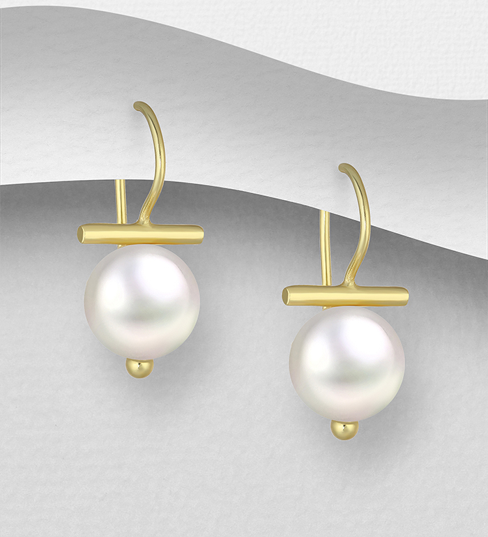 Desire by 7K - Wholesale 925 Sterling Silver Hook Earrings, Decorated with Freshwater Pearls, Plated with 0.3 Micron 18K Yellow Gold - SKU #2070-18