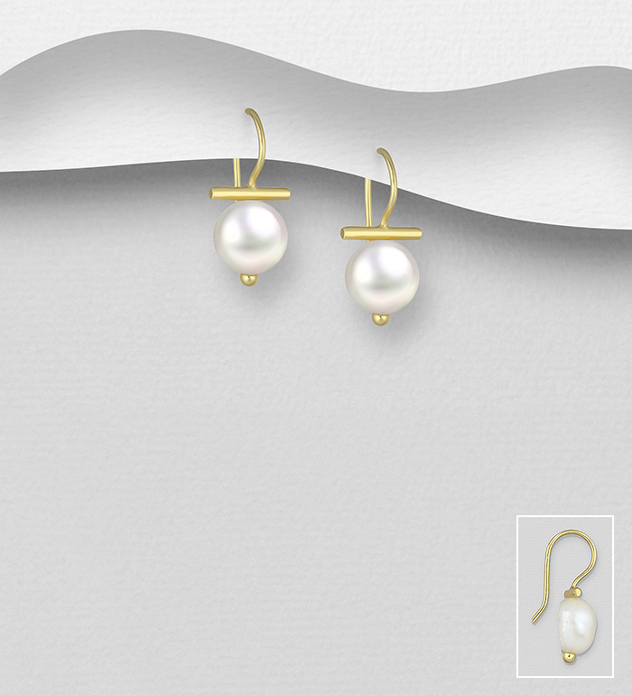 Desire by 7K - Wholesale 925 Sterling Silver Hook Earrings, Decorated with Freshwater Pearls, Plated with 0.3 Micron 18K Yellow Gold - SKU #2070-18