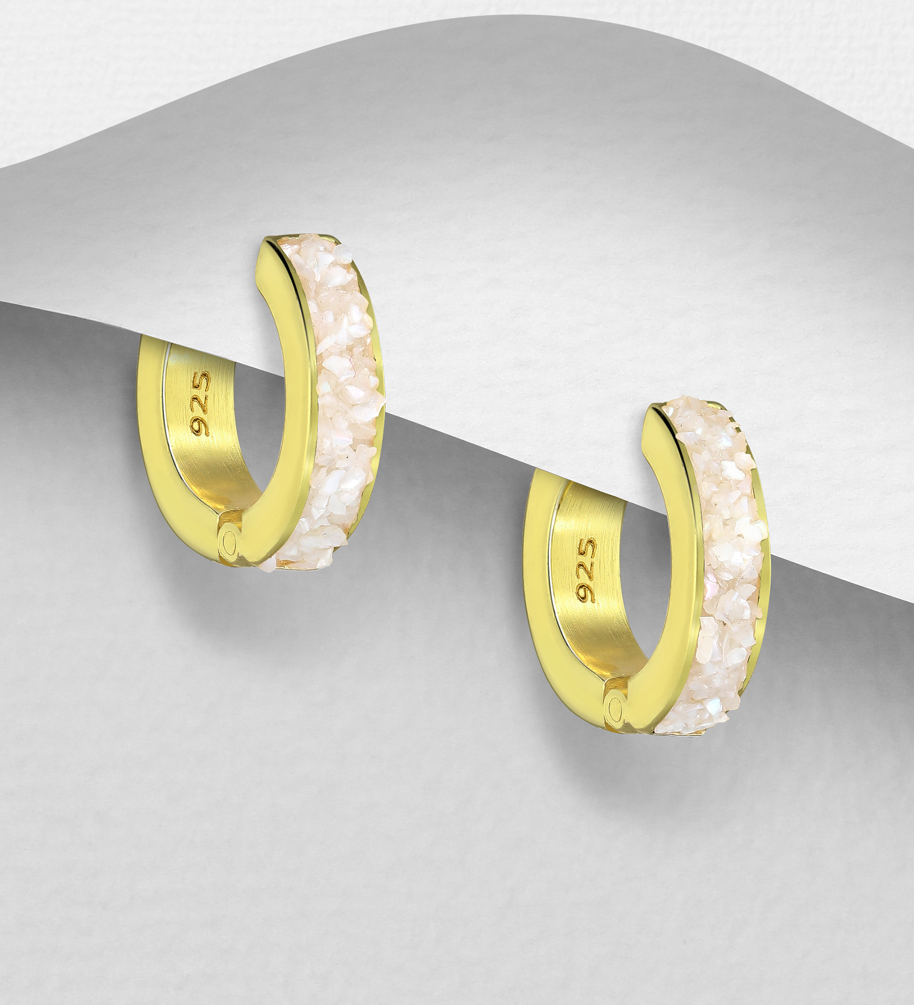 Desire by 7K - Wholesale 925 Sterling Silver Hoop Earrings, Decorated with Rainbow Moonstone, Plated with 0.3 Micron 18K Yellow Gold - SKU #2070-23C