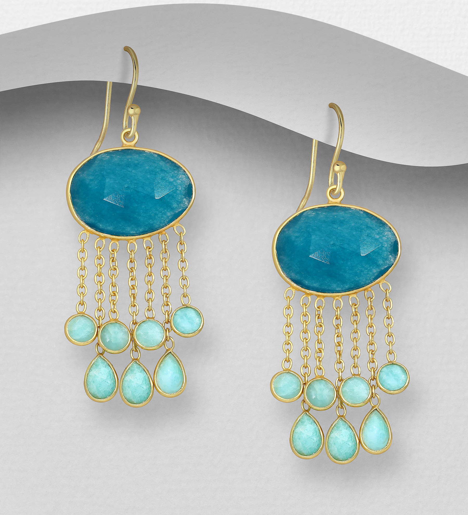 Desire by 7K - Wholesale 925 Sterling Silver Hook Earrings, Decorated with Amazonite and Dyed Green Quartz, Plated with 0.3 Micron 18K Yellow Gold - SKU #2070-16A