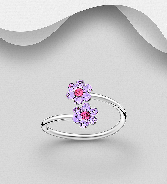 Wholesale 925 Sterling Silver Adjustable Flower Toe Ring,  Decorated with Various Crystal Glass - SKU #792-1143