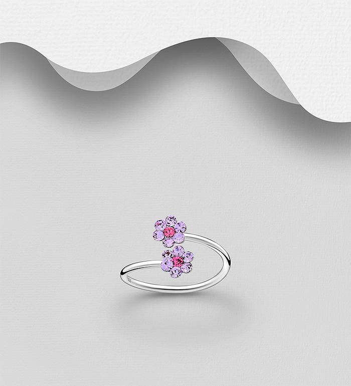 Wholesale 925 Sterling Silver Adjustable Flower Toe Ring,  Decorated with Various Crystal Glass - SKU #792-1143