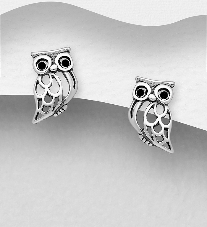 Wholesale 925 Sterling Silver Oxidized Owl Push-Back Earrings, Decorated with Crystal Glass - SKU #578-2812