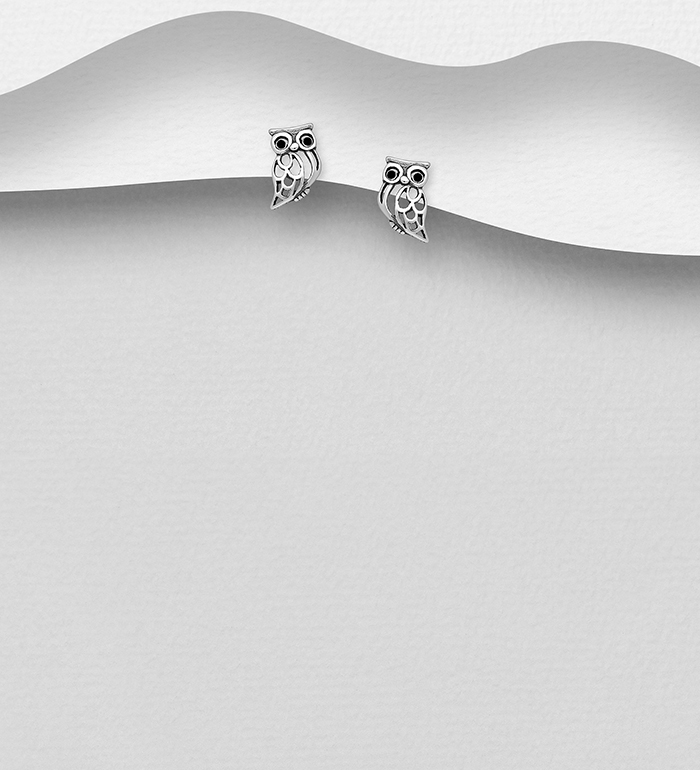 Wholesale 925 Sterling Silver Oxidized Owl Push-Back Earrings, Decorated with Crystal Glass - SKU #578-2812