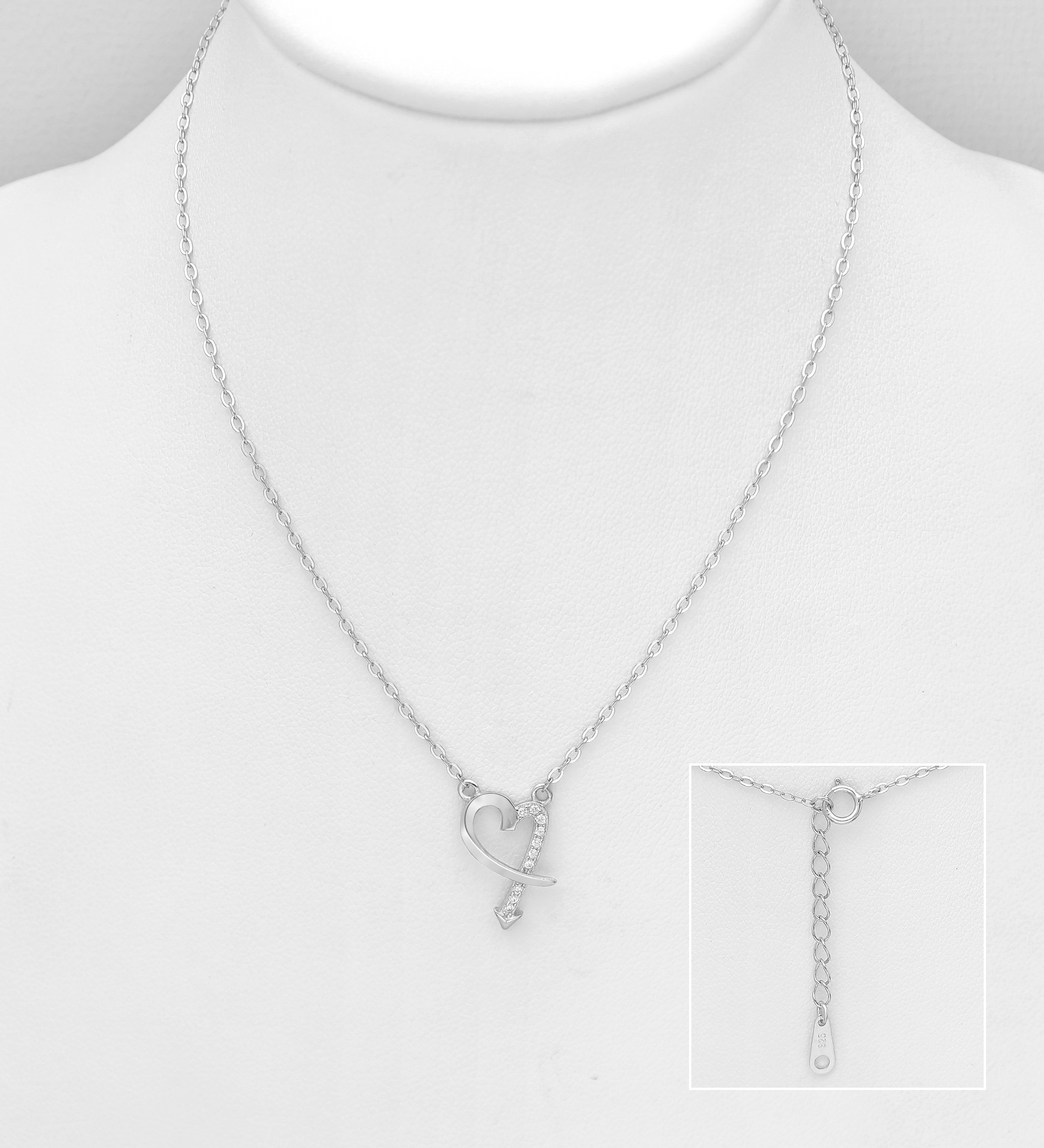 Wholesale 925 Sterling Silver Arrow and Heart Necklace, Decorated with CZ Simulated Diamonds - SKU #701-25907
