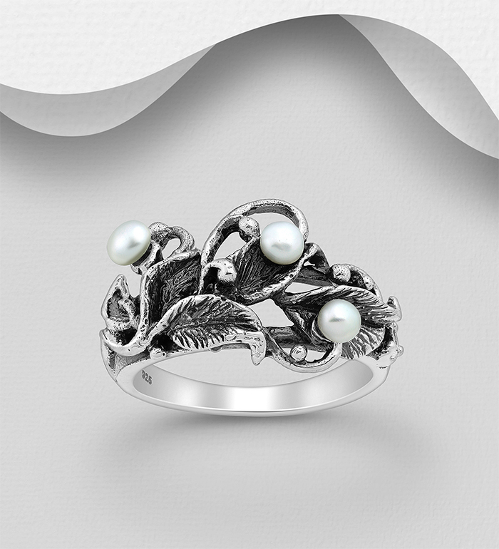 Wholesale 925 Sterling Silver Oxidized Leaf Ring, Decorated with Freshwater Pearls - SKU #382-5813