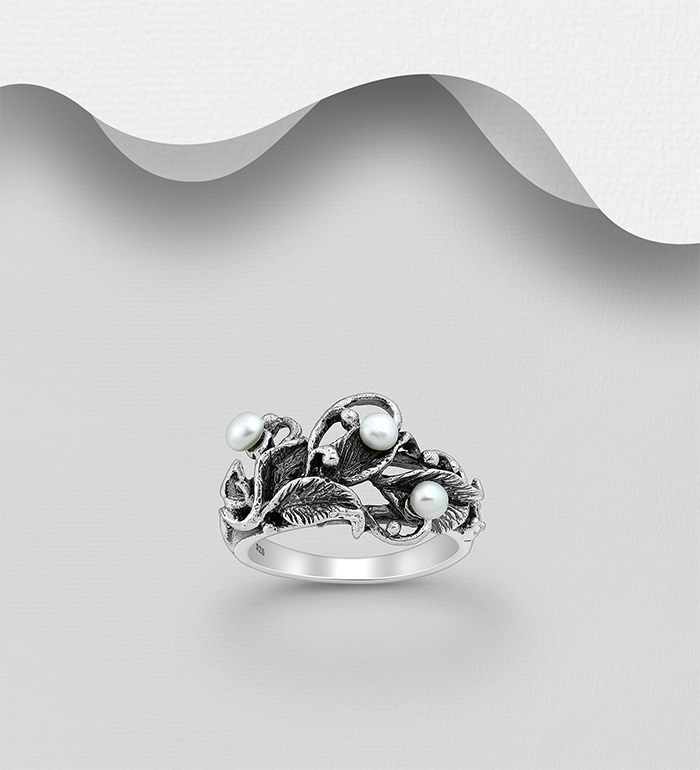Wholesale 925 Sterling Silver Oxidized Leaf Ring, Decorated with Freshwater Pearls - SKU #382-5813